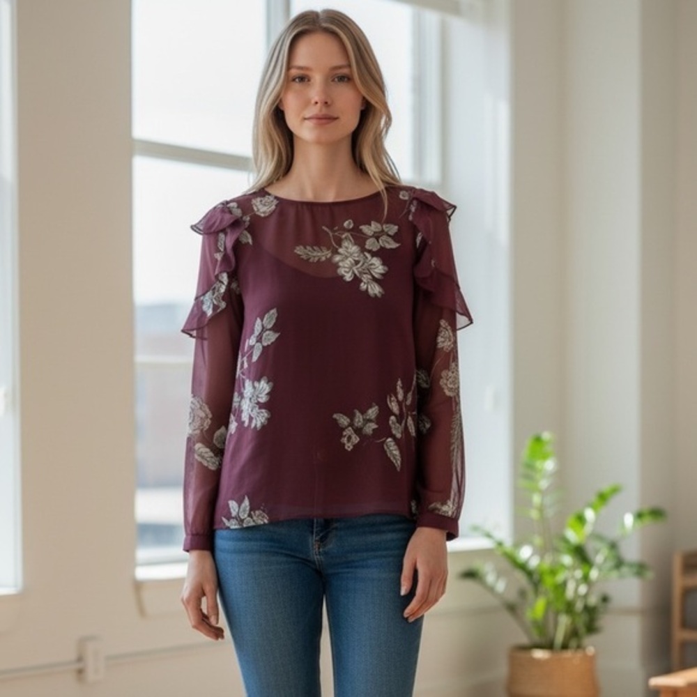 BB DAKOTA Burgundy dark Floral Print Chiffon Long Sleeve Ruffle Top Medium